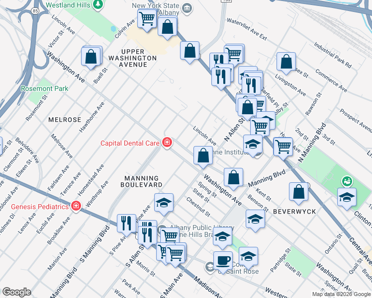 map of restaurants, bars, coffee shops, grocery stores, and more near Manning Blvd & McKinley St in Albany