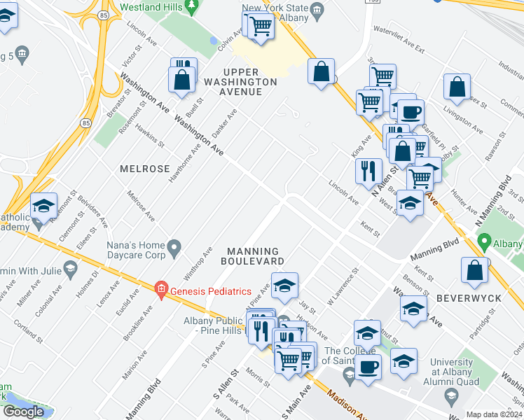 map of restaurants, bars, coffee shops, grocery stores, and more near 152 Manning Boulevard in Albany