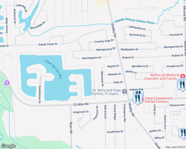 map of restaurants, bars, coffee shops, grocery stores, and more near 51463 Merry Lane in Macomb County