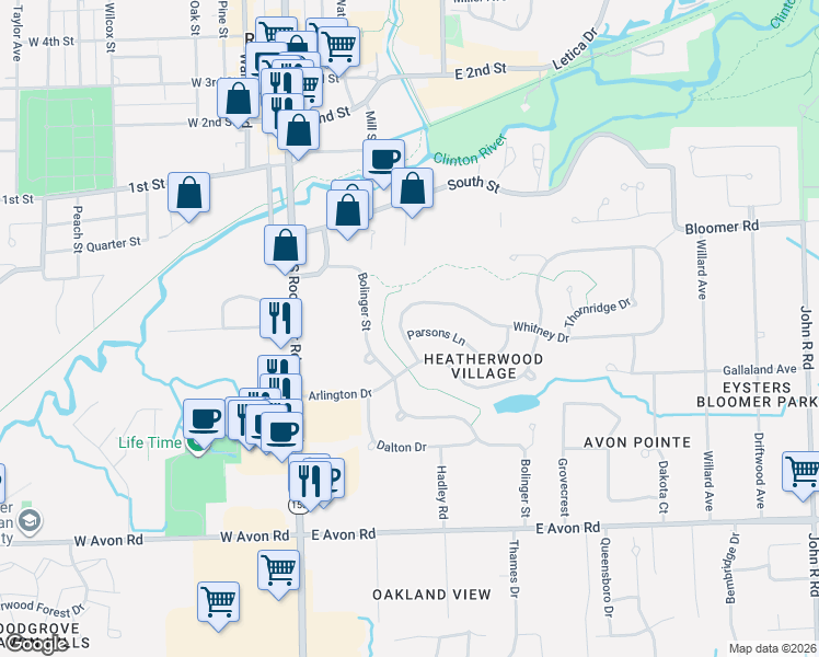 map of restaurants, bars, coffee shops, grocery stores, and more near 166 Parsons Lane in Rochester Hills