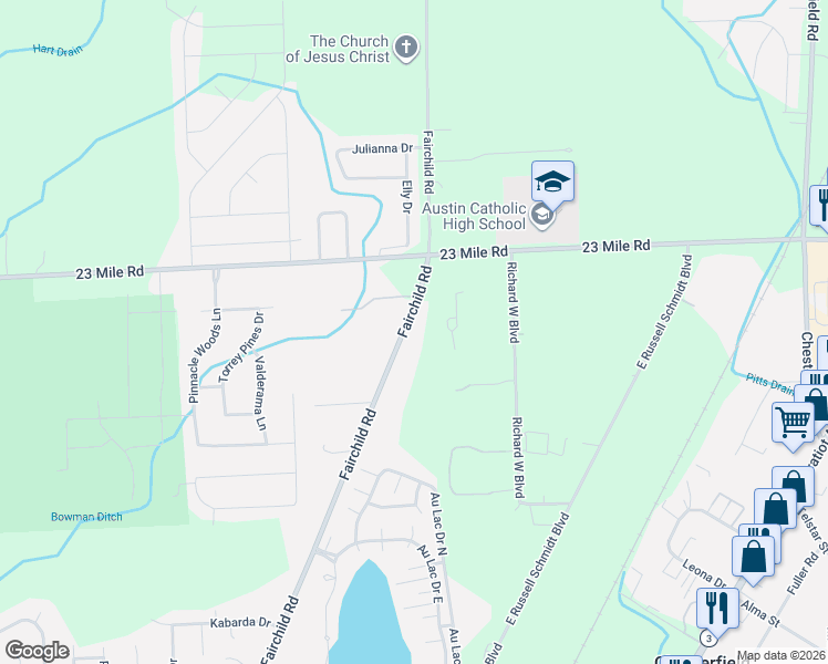 map of restaurants, bars, coffee shops, grocery stores, and more near 50730 Fairchild Road in New Baltimore