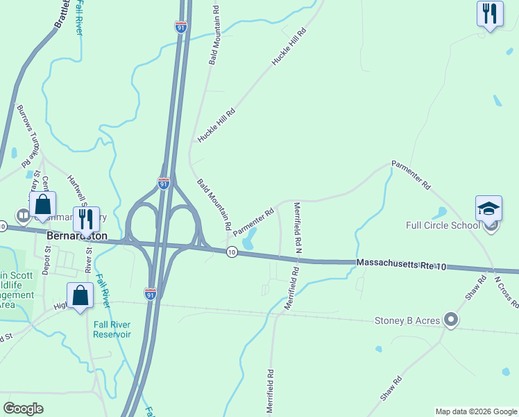 map of restaurants, bars, coffee shops, grocery stores, and more near 186-216 Parmenter Road in Bernardston