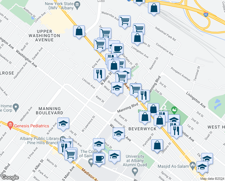 map of restaurants, bars, coffee shops, grocery stores, and more near 455 West Street in Albany