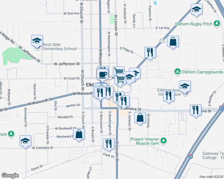 map of restaurants, bars, coffee shops, grocery stores, and more near 102 East Walworth Street in Elkhorn