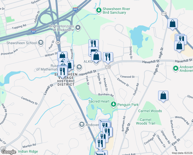 map of restaurants, bars, coffee shops, grocery stores, and more near 17 Argyle Street in Andover