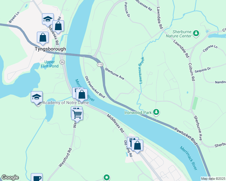 map of restaurants, bars, coffee shops, grocery stores, and more near 52 Pawtucket Boulevard in Tyngsborough