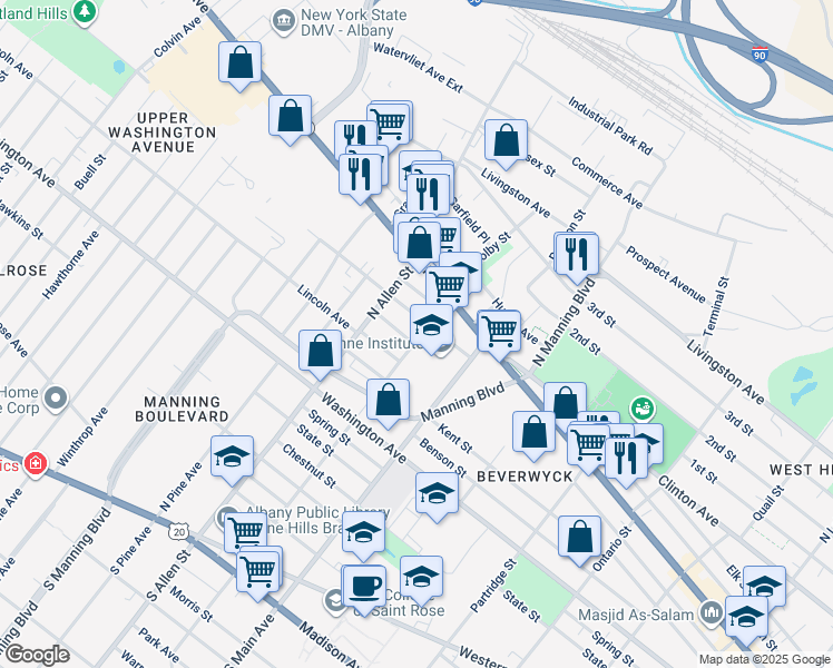 map of restaurants, bars, coffee shops, grocery stores, and more near 455 West Street in Albany