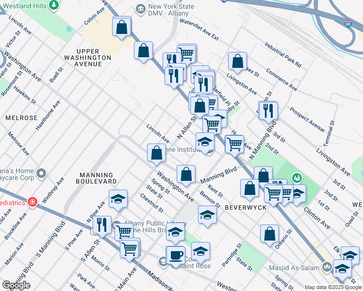 map of restaurants, bars, coffee shops, grocery stores, and more near 19 Lincoln Avenue in Albany