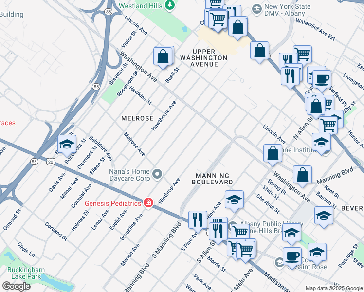 map of restaurants, bars, coffee shops, grocery stores, and more near 112 Homestead Avenue in Albany