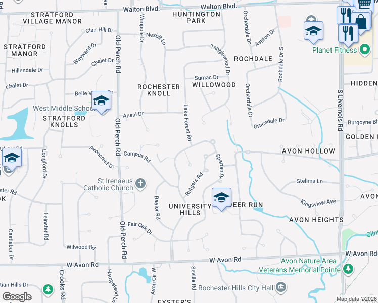 map of restaurants, bars, coffee shops, grocery stores, and more near 585 Bucknell Court in Rochester Hills