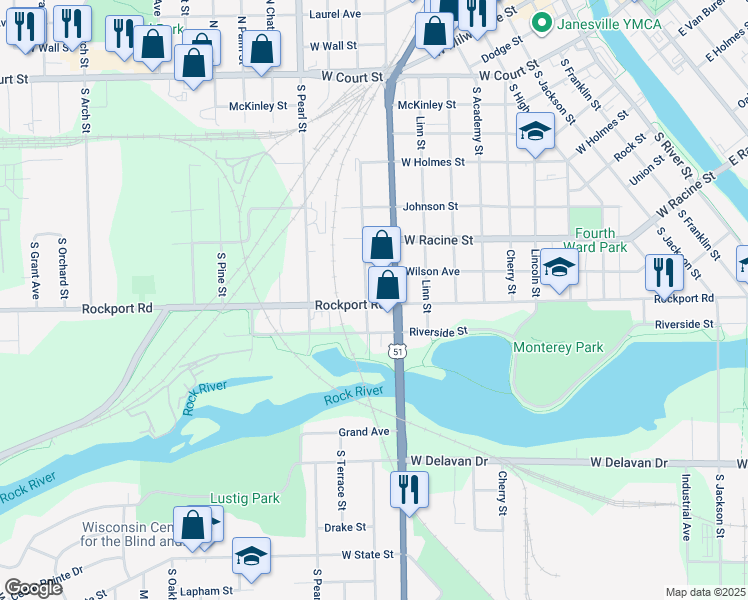 map of restaurants, bars, coffee shops, grocery stores, and more near 701 South Washington Street in Janesville