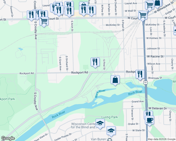 map of restaurants, bars, coffee shops, grocery stores, and more near 1720 Rockport Road in Janesville