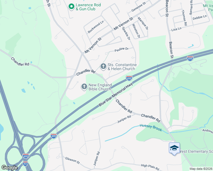 map of restaurants, bars, coffee shops, grocery stores, and more near 62 Chandler Road in Andover