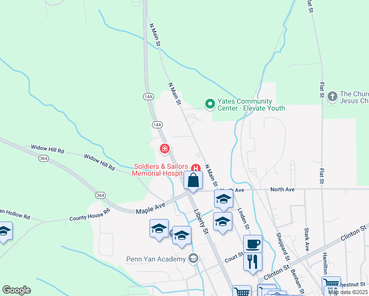 map of restaurants, bars, coffee shops, grocery stores, and more near 675 Liberty Street in Penn Yan