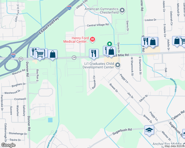 map of restaurants, bars, coffee shops, grocery stores, and more near 30114 Indianwood Drive in Chesterfield