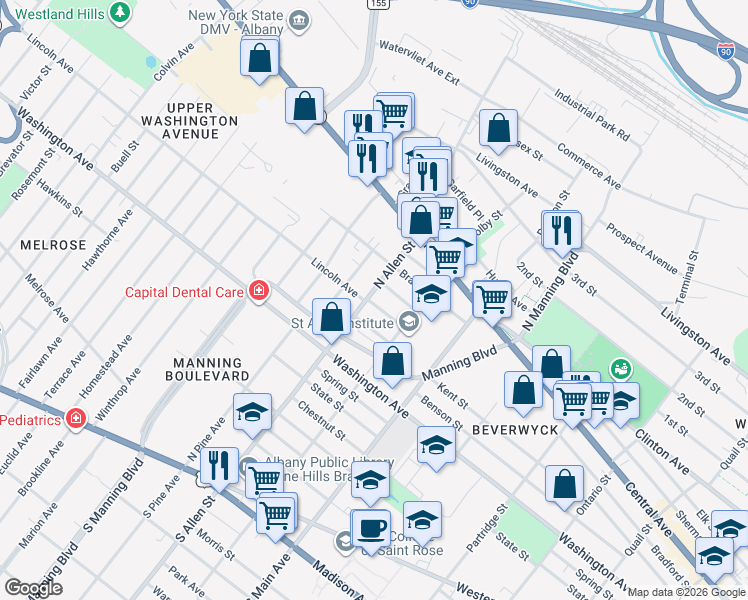 map of restaurants, bars, coffee shops, grocery stores, and more near 19 Lincoln Avenue in Albany