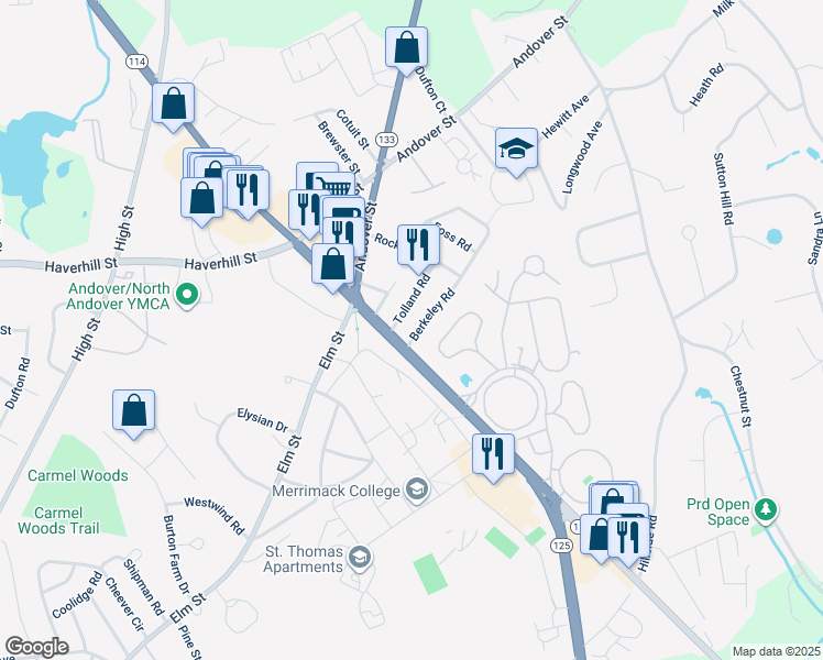 map of restaurants, bars, coffee shops, grocery stores, and more near 6 Berkeley Road in North Andover