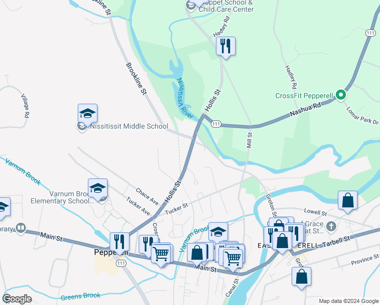 map of restaurants, bars, coffee shops, grocery stores, and more near 39 Hollis Street in Pepperell