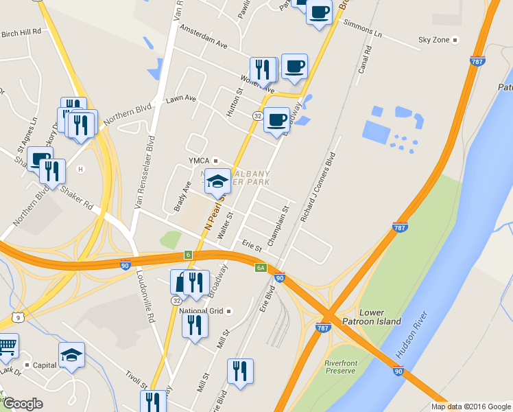 map of restaurants, bars, coffee shops, grocery stores, and more near 25 Center Street in Albany