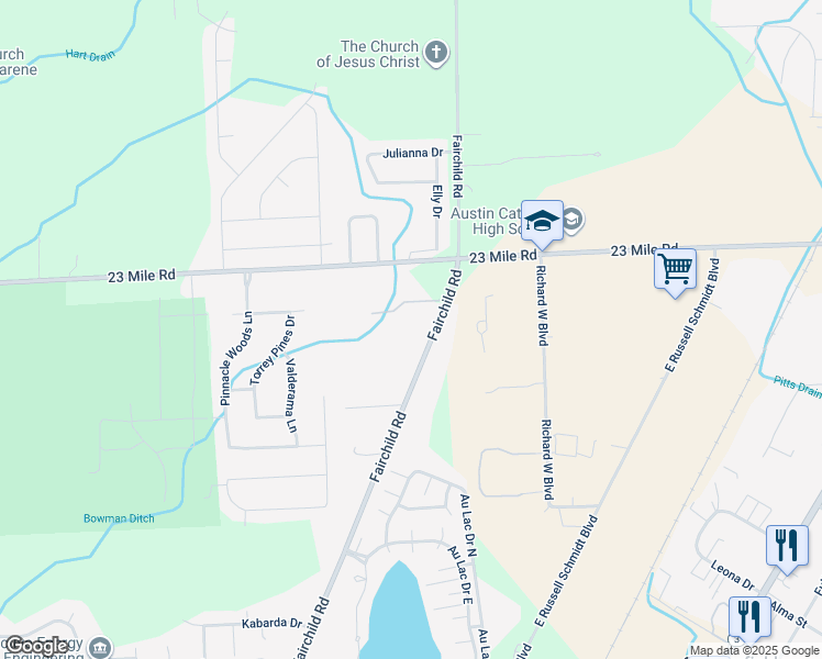 map of restaurants, bars, coffee shops, grocery stores, and more near 50575 Fairchild Road in New Baltimore