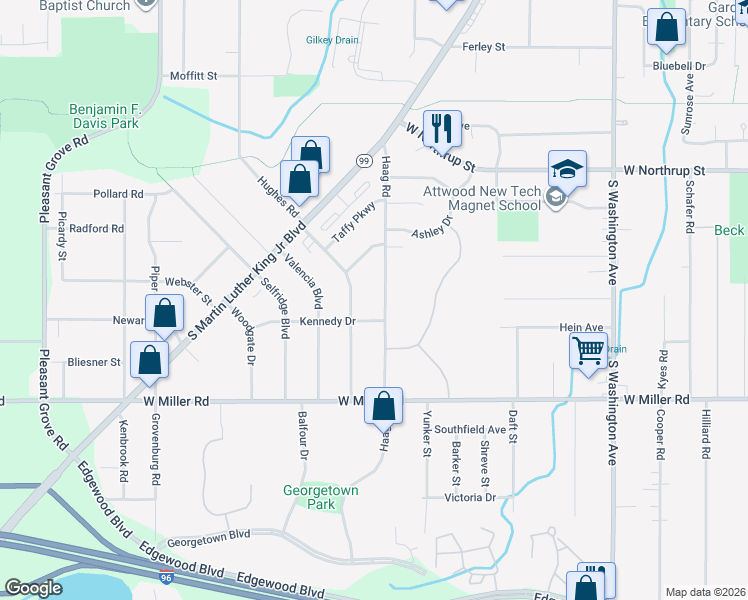 map of restaurants, bars, coffee shops, grocery stores, and more near 1500 Kennedy Drive in Lansing