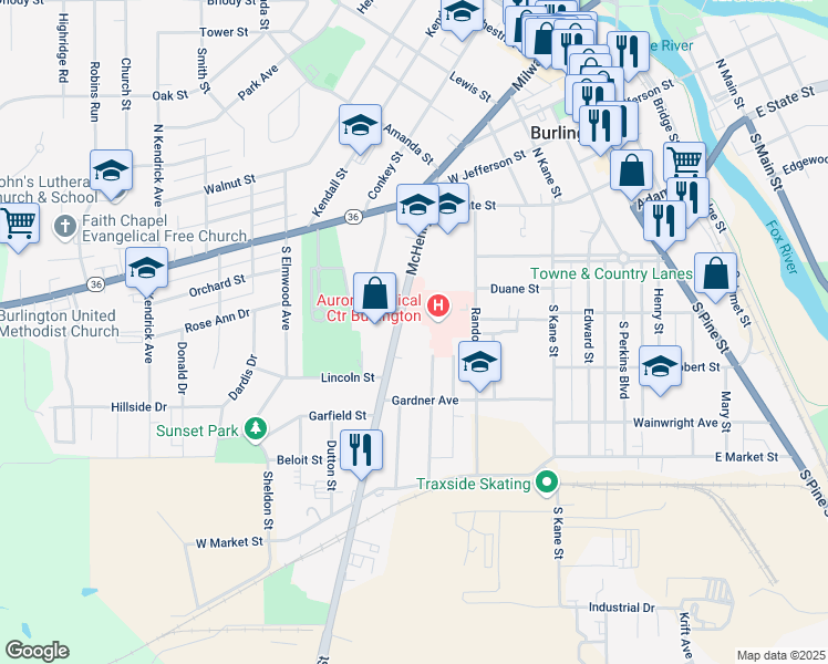 map of restaurants, bars, coffee shops, grocery stores, and more near 316 McHenry Street in Burlington