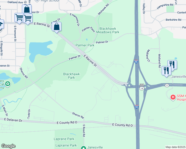 map of restaurants, bars, coffee shops, grocery stores, and more near 2608 East Racine Street in Janesville