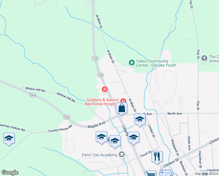 map of restaurants, bars, coffee shops, grocery stores, and more near 675 Liberty Street in Penn Yan