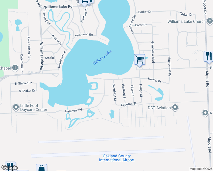 map of restaurants, bars, coffee shops, grocery stores, and more near 2331 Overridge Street in Waterford Township