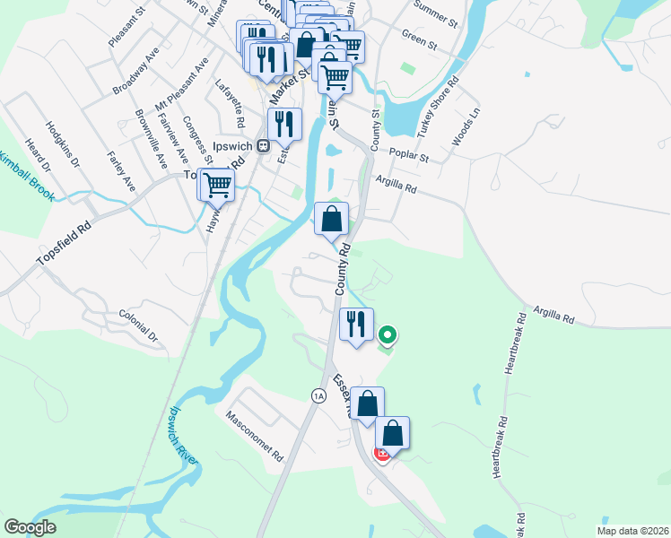 map of restaurants, bars, coffee shops, grocery stores, and more near 85 County Road in Ipswich