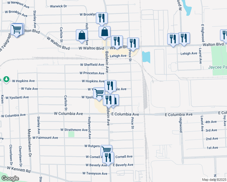 map of restaurants, bars, coffee shops, grocery stores, and more near 18 East Yale Avenue in Pontiac
