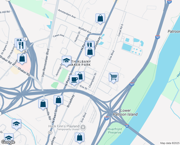 map of restaurants, bars, coffee shops, grocery stores, and more near 25 Center Street in Albany