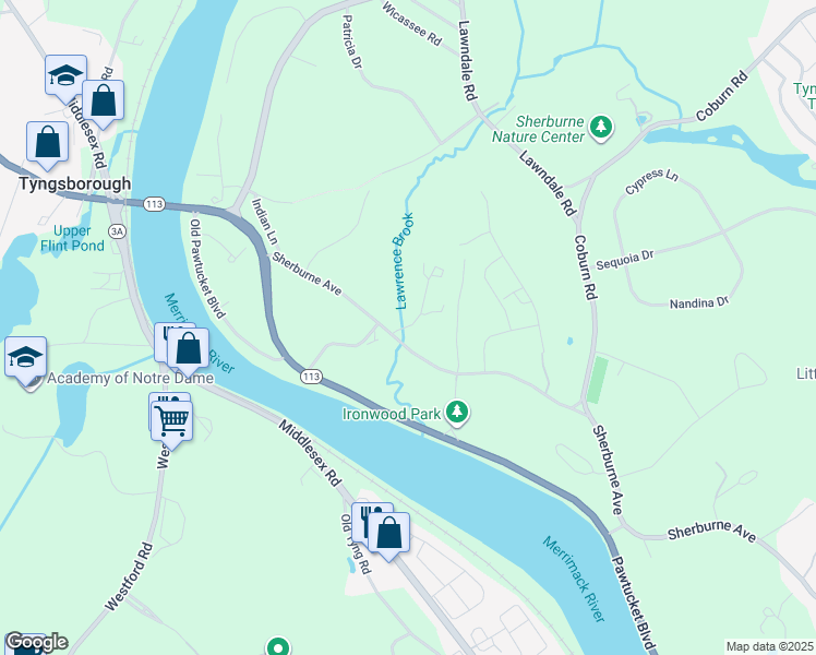 map of restaurants, bars, coffee shops, grocery stores, and more near Cardinal Lane in Tyngsborough