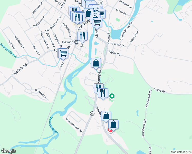 map of restaurants, bars, coffee shops, grocery stores, and more near 85 County Road in Ipswich