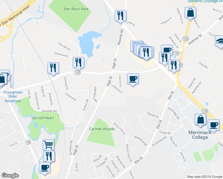 map of restaurants, bars, coffee shops, grocery stores, and more near 181 High Street in Andover