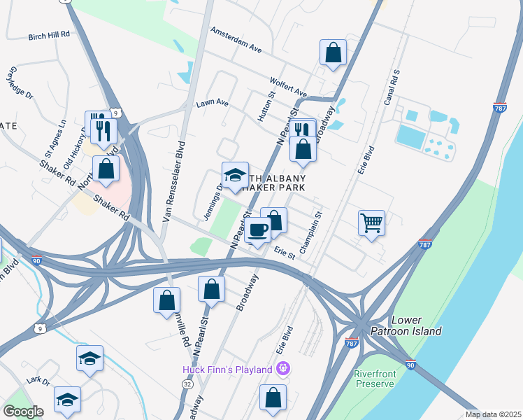 map of restaurants, bars, coffee shops, grocery stores, and more near 35 Walter Street in Albany