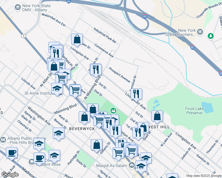map of restaurants, bars, coffee shops, grocery stores, and more near 573 3rd Street in Albany