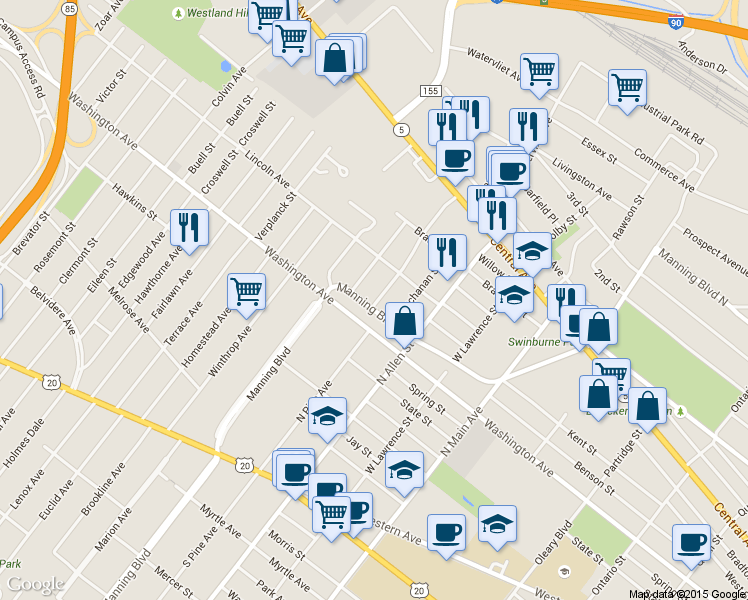 map of restaurants, bars, coffee shops, grocery stores, and more near 278 Manning Boulevard in Albany
