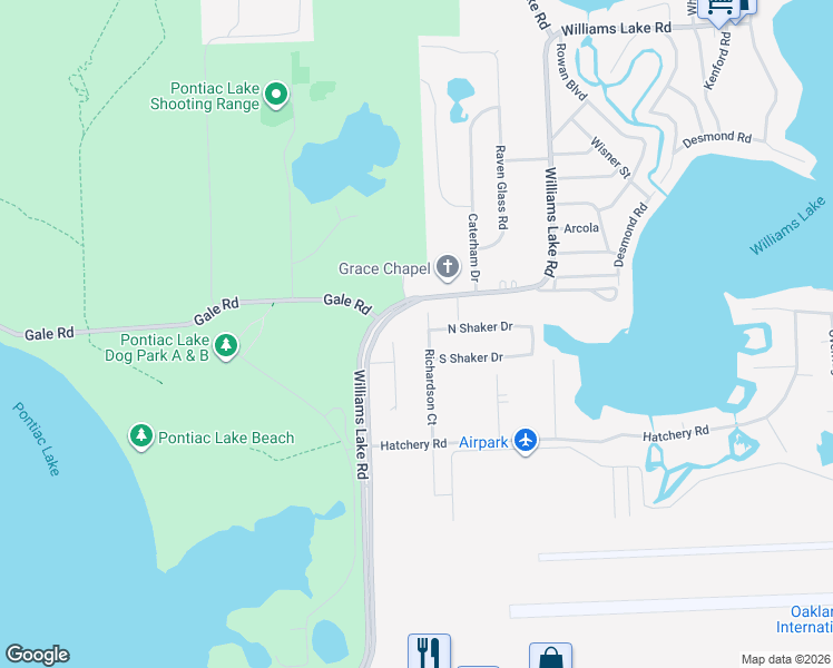 map of restaurants, bars, coffee shops, grocery stores, and more near 2386 Richardson Court in Waterford Township