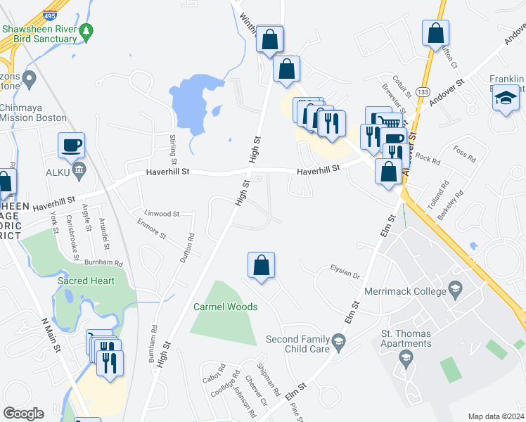 map of restaurants, bars, coffee shops, grocery stores, and more near 98 Longwood Drive in Andover
