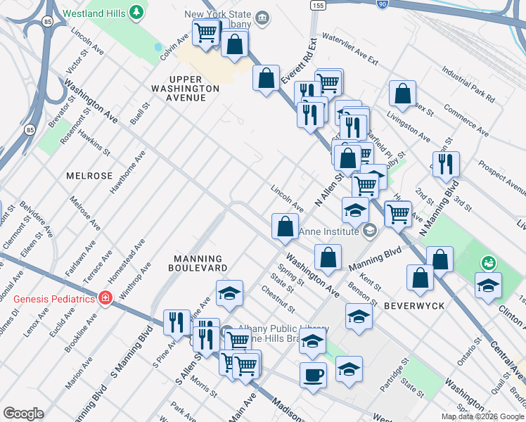 map of restaurants, bars, coffee shops, grocery stores, and more near 278 Manning Boulevard in Albany