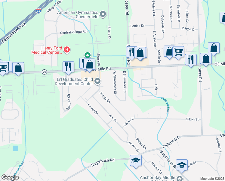 map of restaurants, bars, coffee shops, grocery stores, and more near 50666 Peggy Lane in New Baltimore