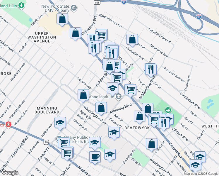 map of restaurants, bars, coffee shops, grocery stores, and more near 455 West Street in Albany