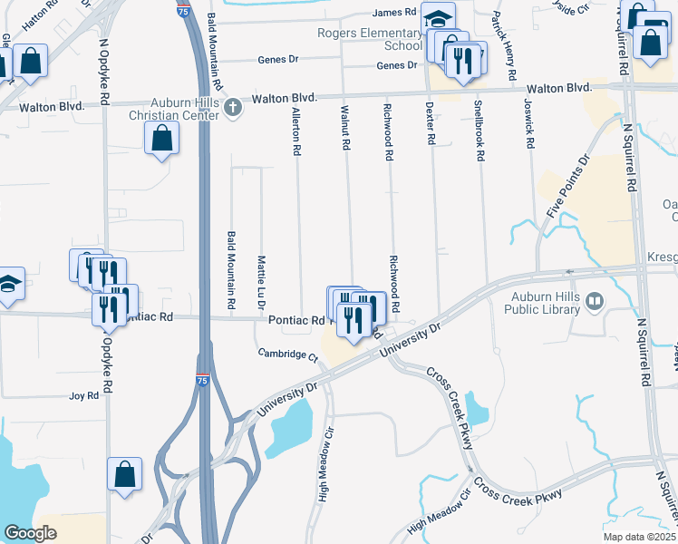 map of restaurants, bars, coffee shops, grocery stores, and more near 2027 Walnut Road in Auburn Hills