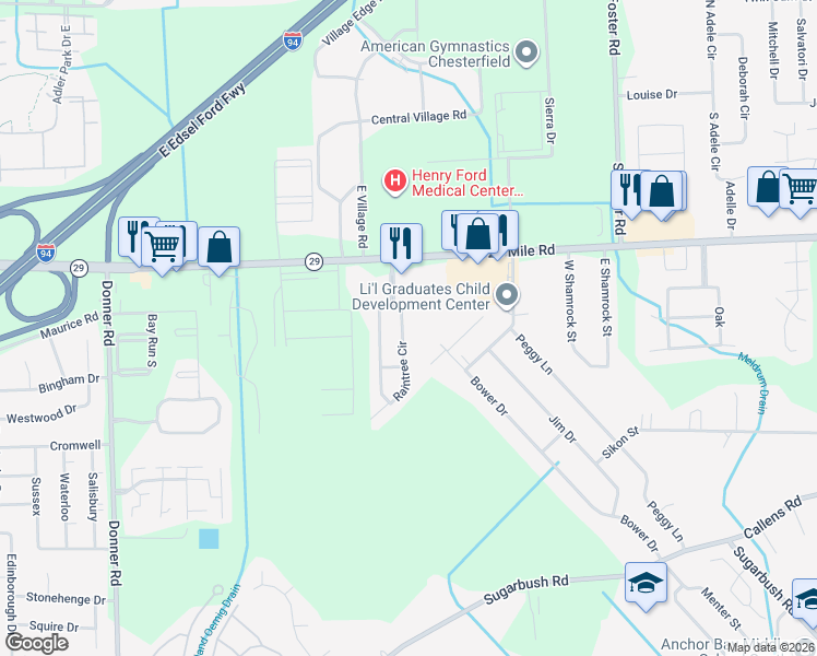 map of restaurants, bars, coffee shops, grocery stores, and more near 30114 Indianwood Drive in Chesterfield