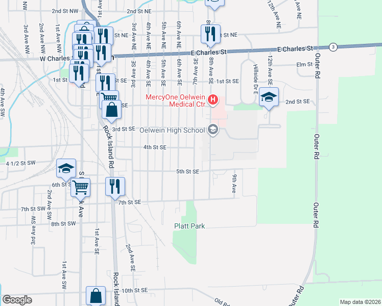 map of restaurants, bars, coffee shops, grocery stores, and more near 401-499 6th Avenue Southeast in Oelwein