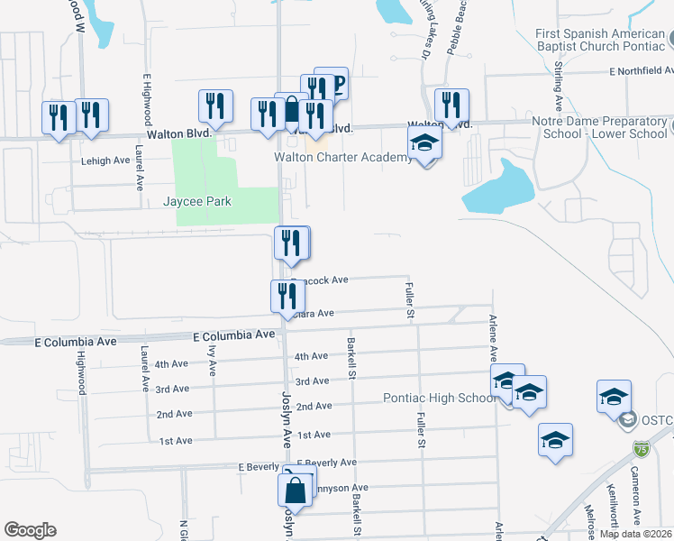 map of restaurants, bars, coffee shops, grocery stores, and more near 615 Peacock Avenue in Pontiac