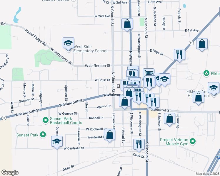 map of restaurants, bars, coffee shops, grocery stores, and more near 12 North Church Street in Elkhorn