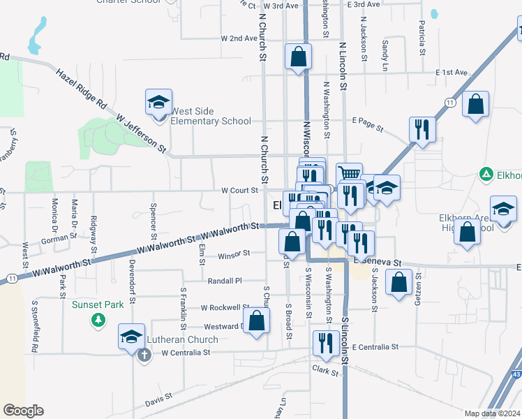 map of restaurants, bars, coffee shops, grocery stores, and more near 12 North Church Street in Elkhorn