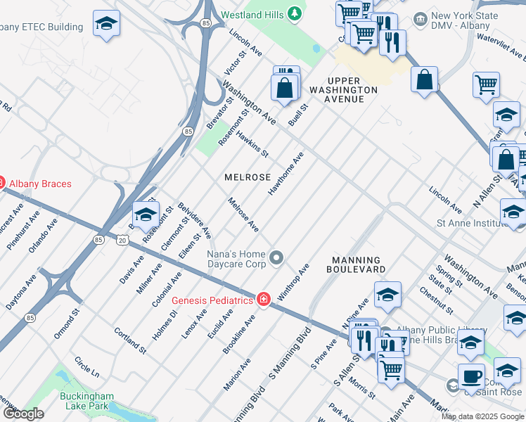 map of restaurants, bars, coffee shops, grocery stores, and more near 65 Melrose Avenue in Albany